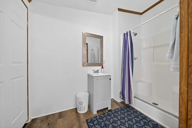a bathroom with a shower and a toilet