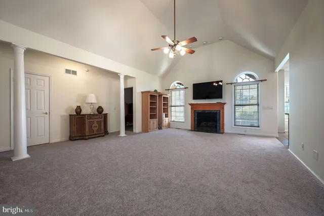 a view of a livingroom with a fireplace a chandelier and closet