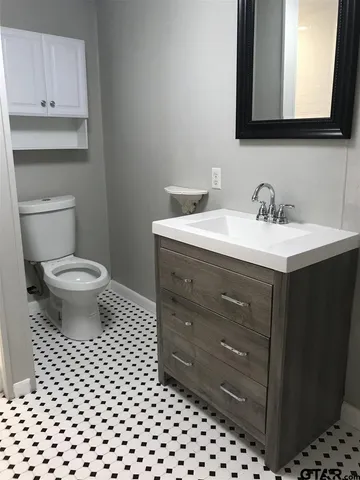 a bathroom with a sink toilet a mirror and vanity