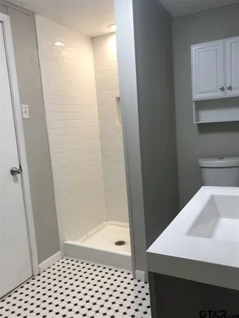 a bathroom with a sink a toilet and a shower
