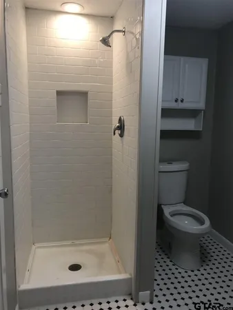 a bathroom with a granite countertop toilet and a shower