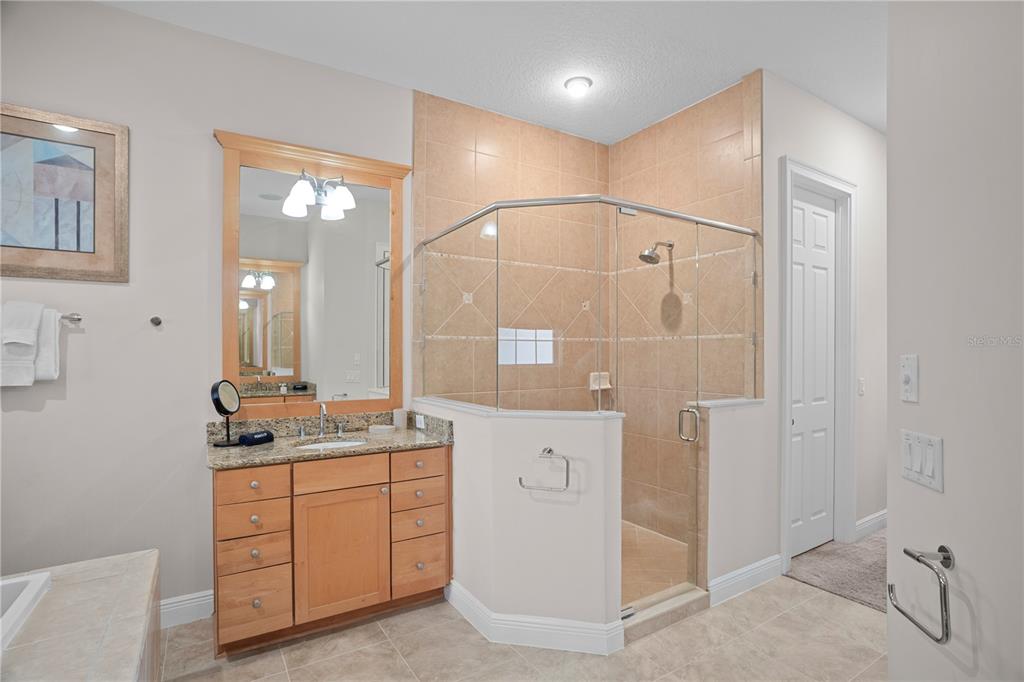 7388 Gathering Court Reunion, FL 34747 - Photo 31 of 56 a bathroom with a granite countertop sink a mirror and a shower