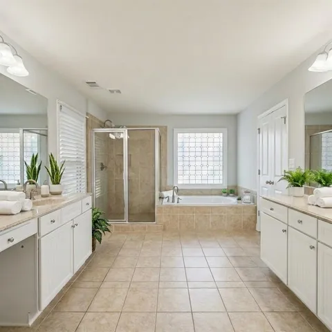 a spacious bathroom with a granite countertop sink a toilet and a bathtub