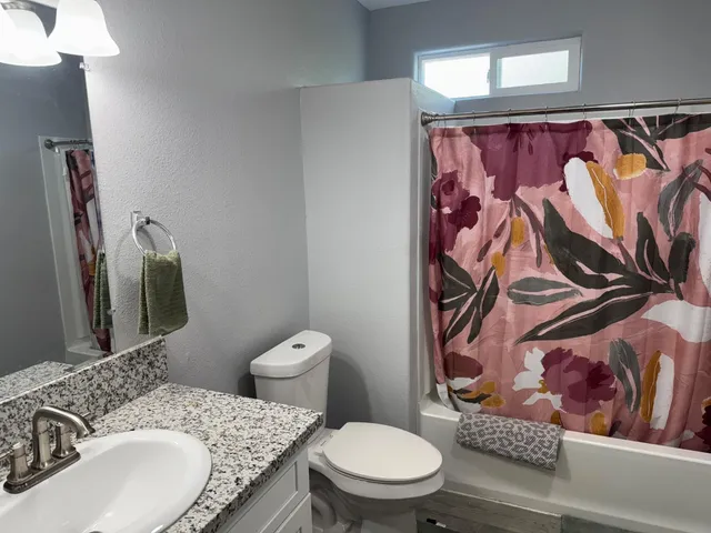 a bathroom with a granite countertop toilet and a sink
