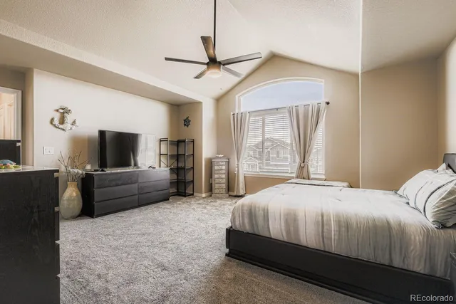 a bedroom with a bed and a couch