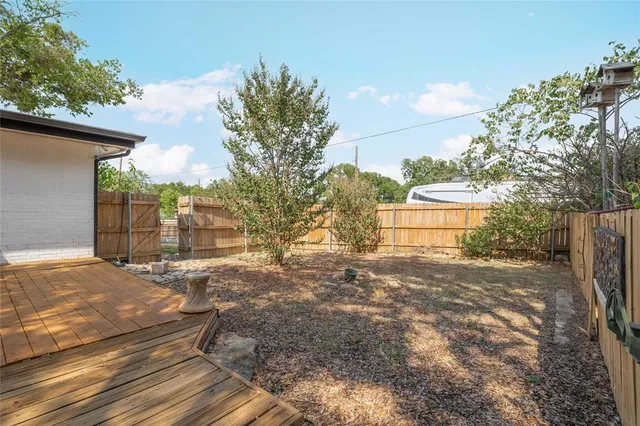 a view of a yard with plants and trees