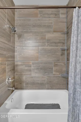 a bathroom with a shower and a bath tub