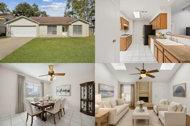 a view of a house with backyard and sitting area