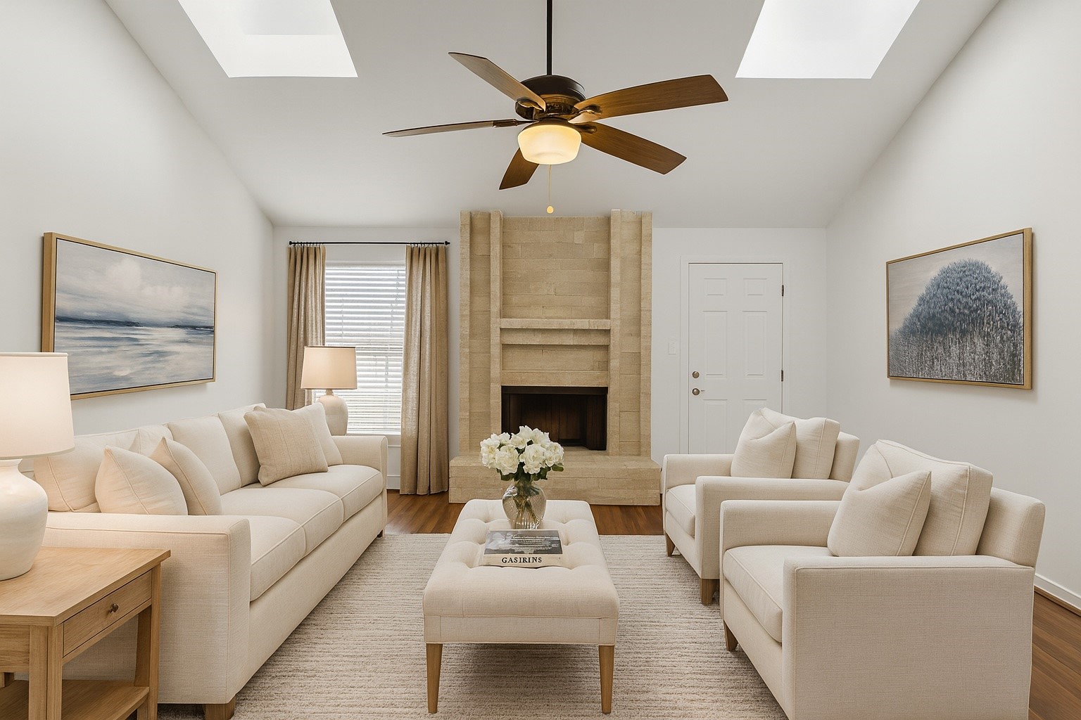 3615 Village Grove Drive Humble, TX 77396 - Photo 3 of 11 a living room with furniture a ceiling fan and a fireplace