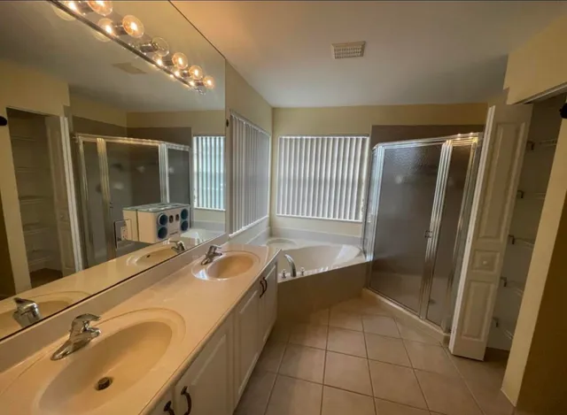 a bathroom with a tub sink and mirror