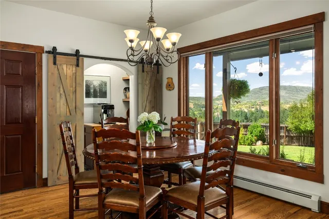 a view of a dining room with furniture window and wooden floor