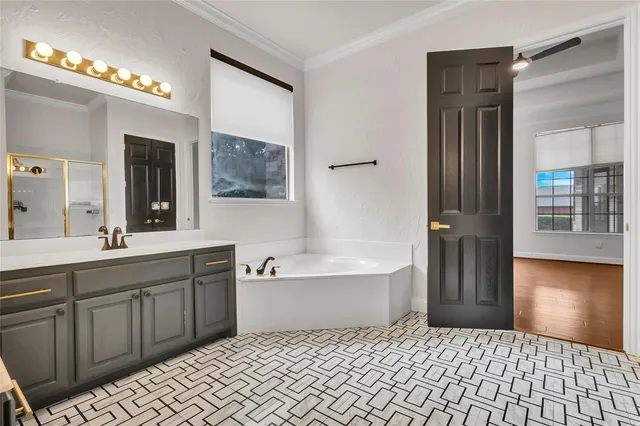 a bathroom with a tub shower and sink