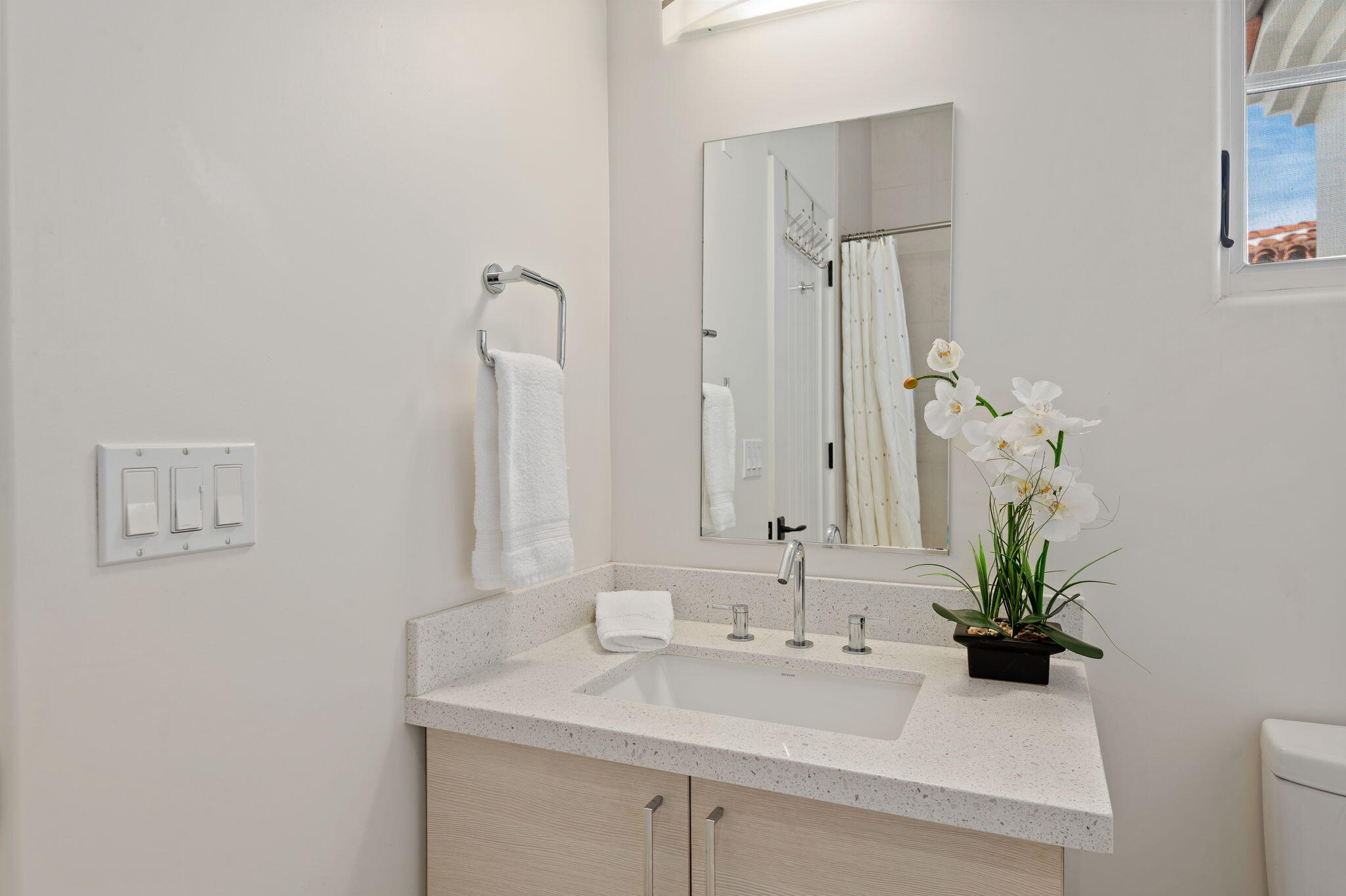 18 West Victoria Street, Unit 303 Santa Barbara, CA 93101 - Photo 25 of 42 a bathroom with a sink a mirror and a potted plant