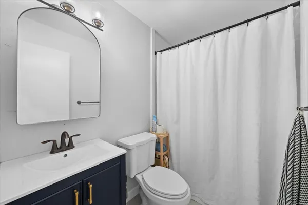 a bathroom with a sink a toilet and shower curtain