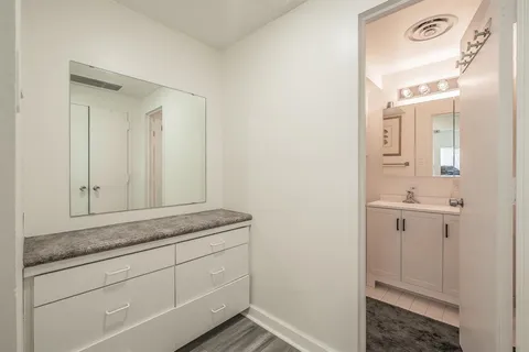 a bathroom with a sink and mirror