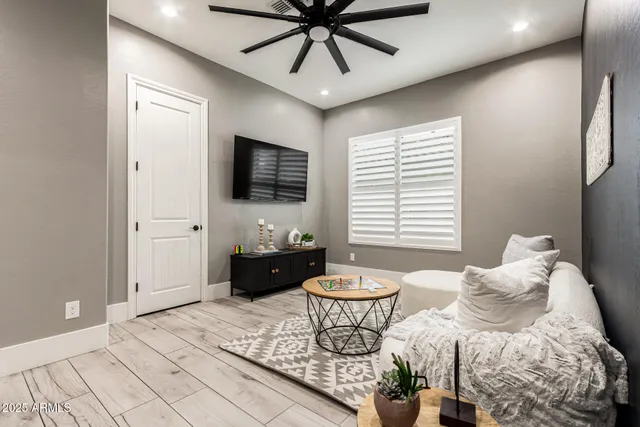 a view of a park with large trees