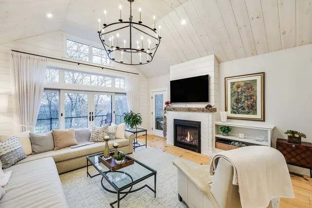 a living room with furniture a fireplace and a potted plant