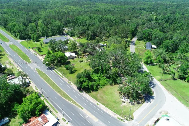 a view of a garden with a street