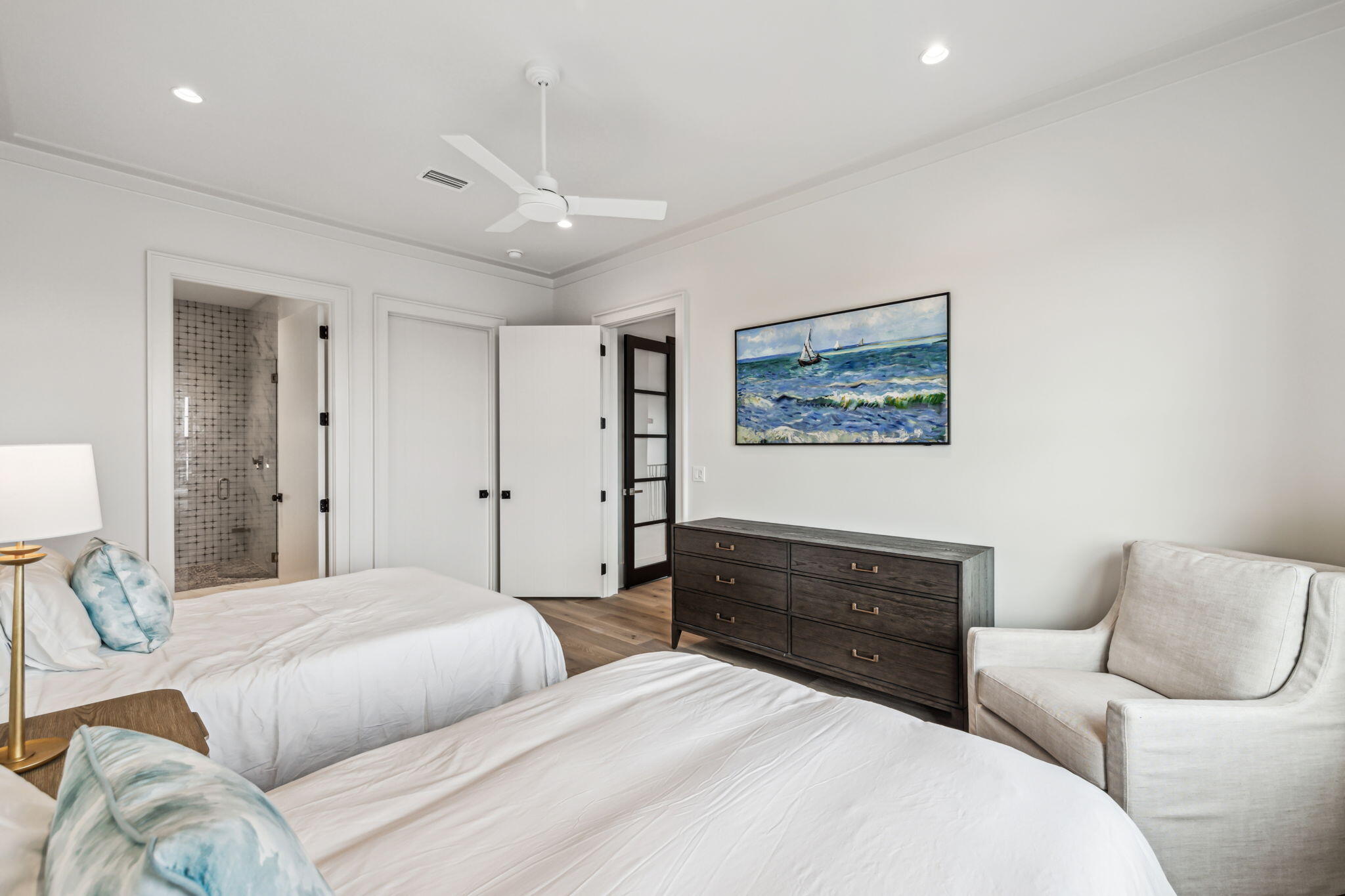 11 Sundew Pl Inlet Beach Inlet Beach, FL 32461 - Photo 36 of 51 a bedroom with a bed and ceiling fan