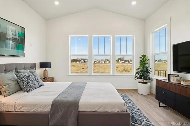 a bedroom with a large bed and a potted plant