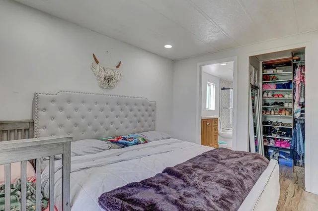 a bedroom with bed and walk in closet