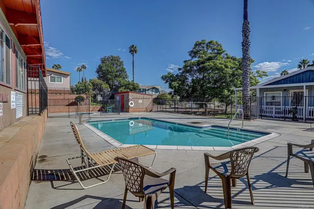 an outdoor space with seating