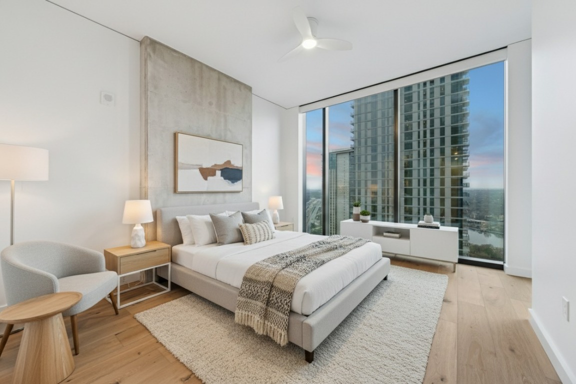 610 Davis Street, Unit 3005 Austin, TX 78701 - Photo 7 of 24 a spacious bedroom with a large bed and a large window