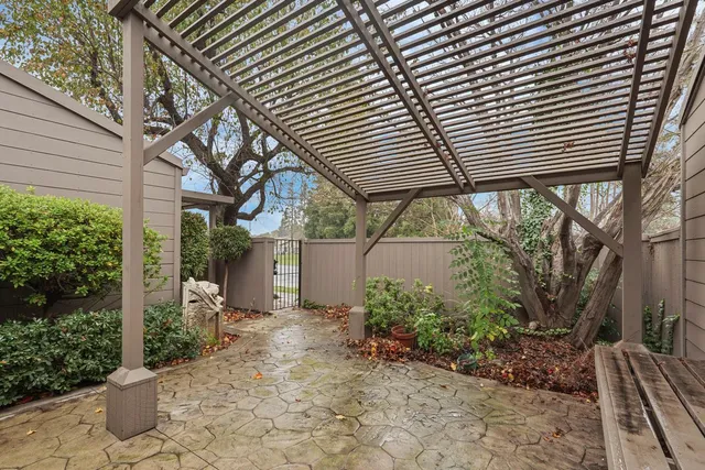 a backyard of a house with plants and tree