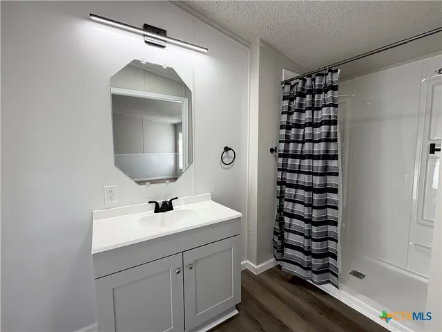 a bathroom with a sink a mirror and shower
