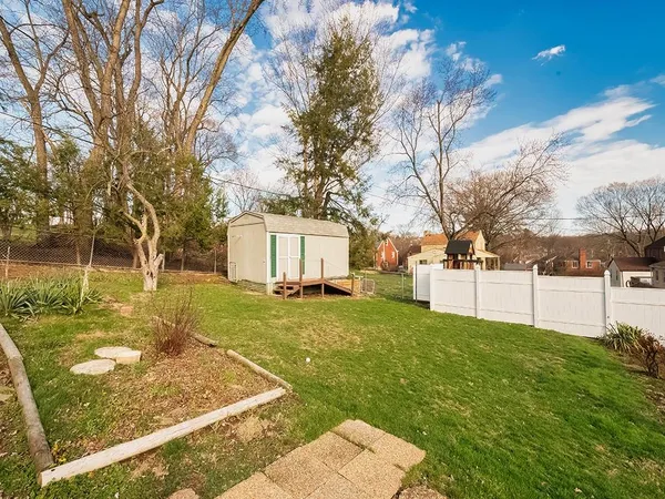 a view of a backyard with large tree