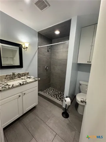 a bathroom with a sink a toilet and shower