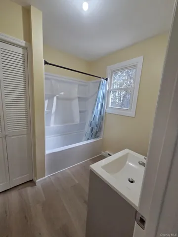 a bathroom with a bathtub