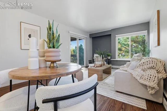 a view of a dining room with furniture window and outside view