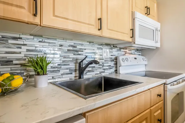 a kitchen with stainless steel appliances a sink a counter and cabinets