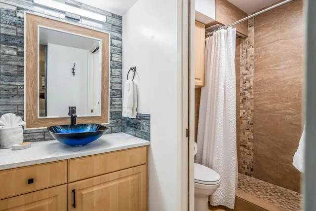 a bathroom with a granite countertop sink a toilet and shower