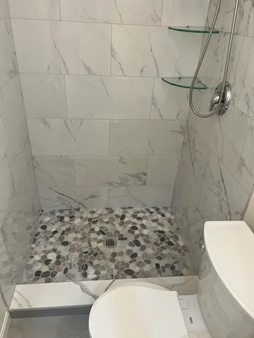 a bathroom with a toilet and a shower