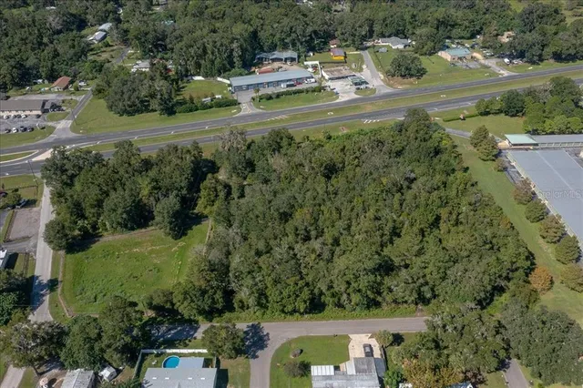 an aerial view of a house with a yard and potted plants