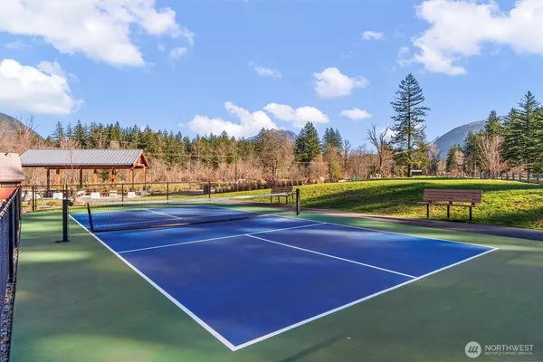a view of a park with swings