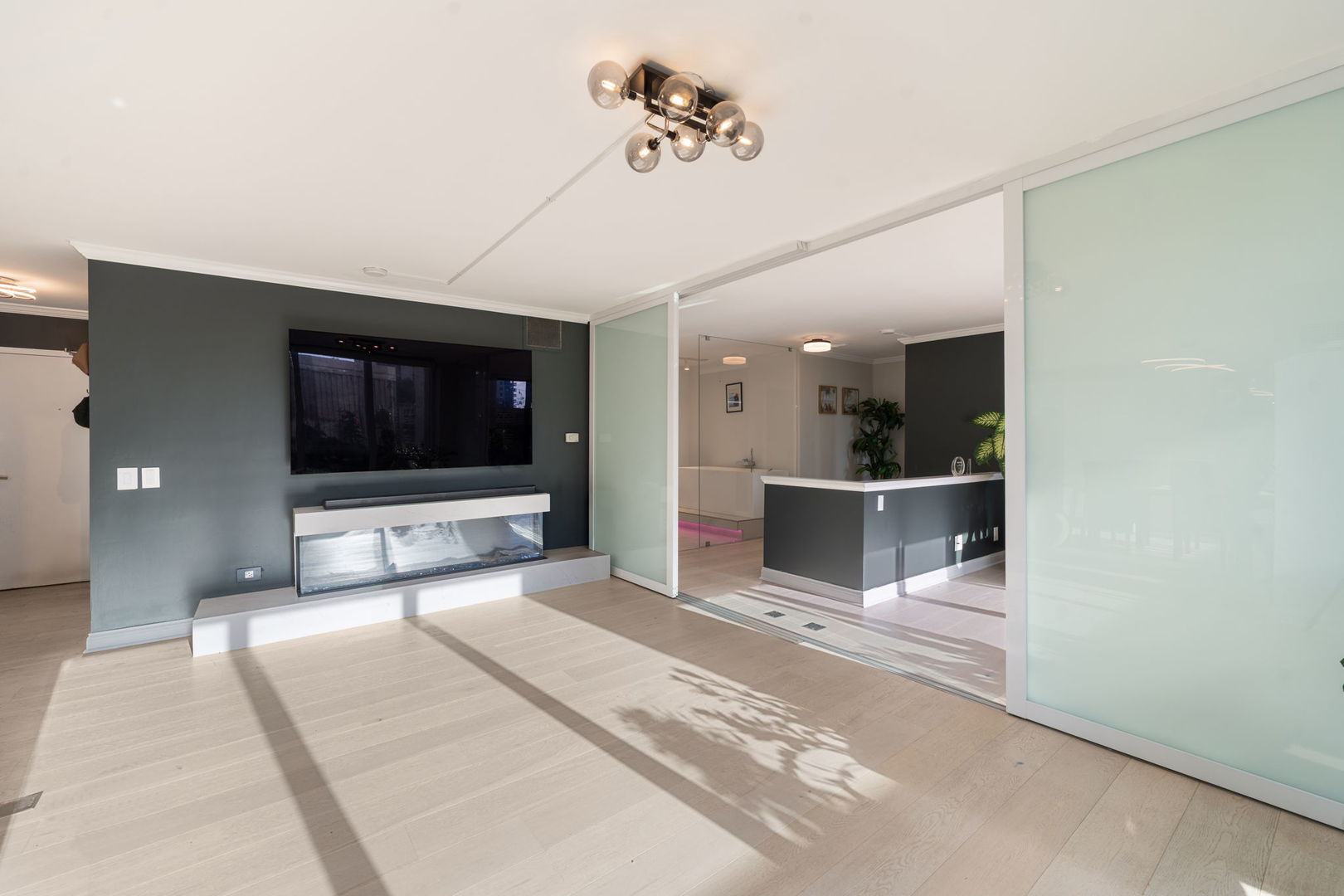 1516 North State Parkway, Unit 5D Chicago, IL 60610 - Photo 12 of 34 a living room with a flat screen tv and kitchen view