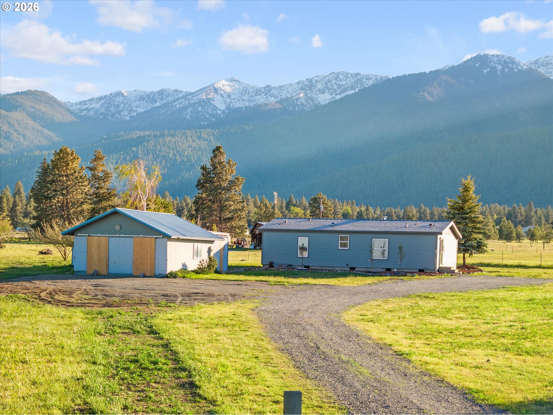a house view with a lake