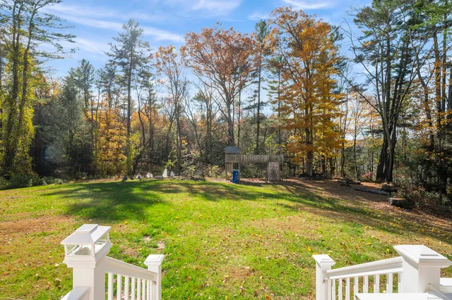 a view of a swimming pool with a yard and large trees