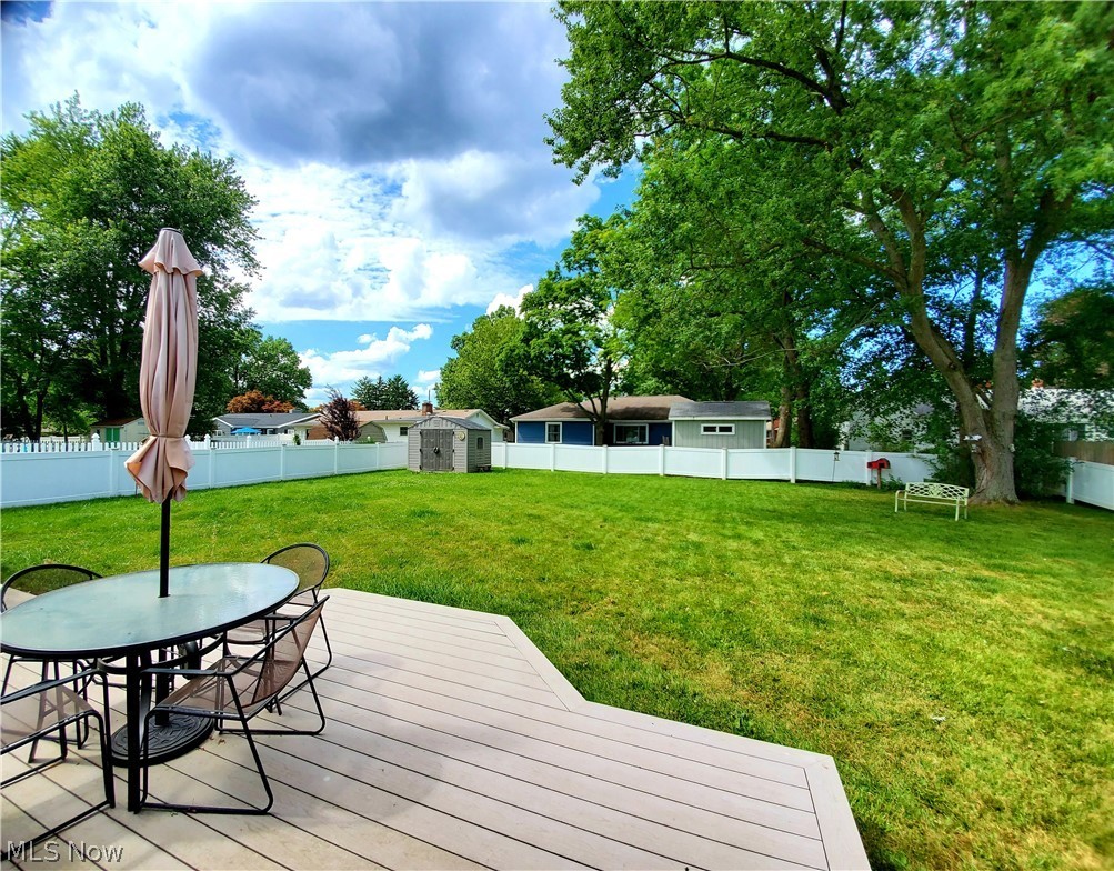 2031 Wyndham Road Akron, OH 44313 - Photo 23 of 24 The wonderful composite deck off the dining room and the huge back yard. Totally fenced in with an attractive vinyl fencing system. Also, notice the garden shed (which remains). It is also on a deck platform.