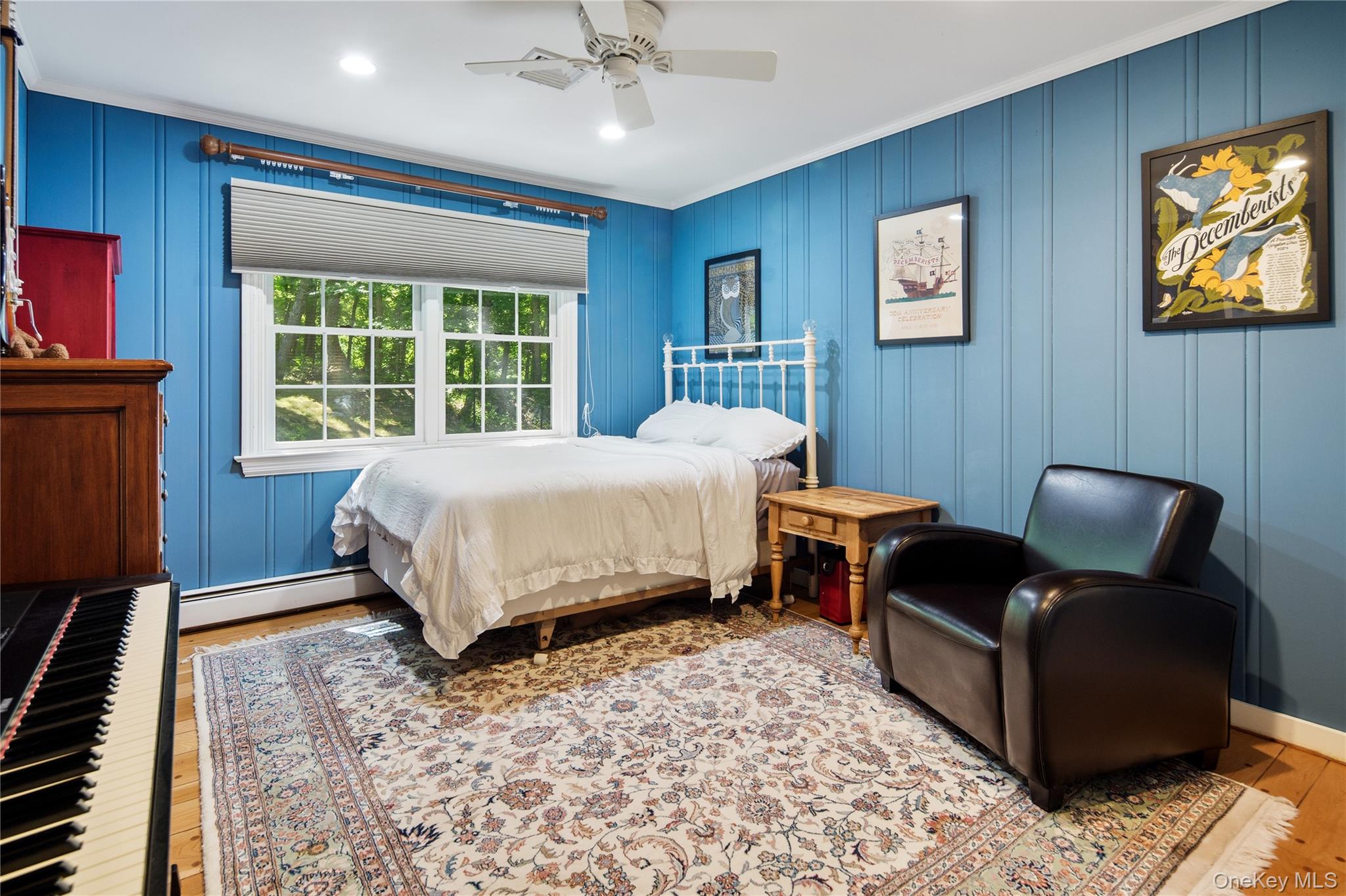 105 Cross Ridge Road Chappaqua, NY 10514 - Photo 33 of 43 Bedroom 3 has tongue and groove wood wall paneling, wide board peg oak floors, crown molding, recessed lighting, double closet and a ceiling fan