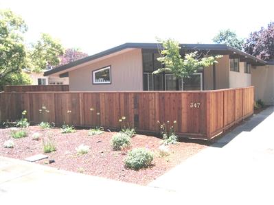 a backyard of a house with trees and wooden fence