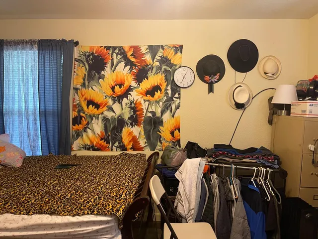 a bed room with furniture and window