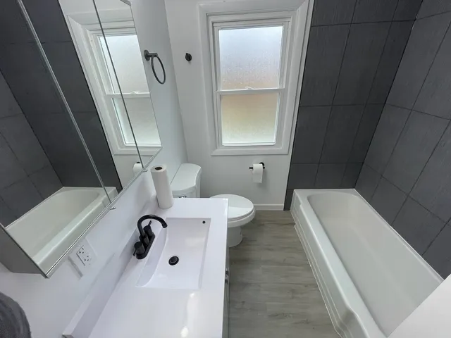 a bathroom with a bathtub