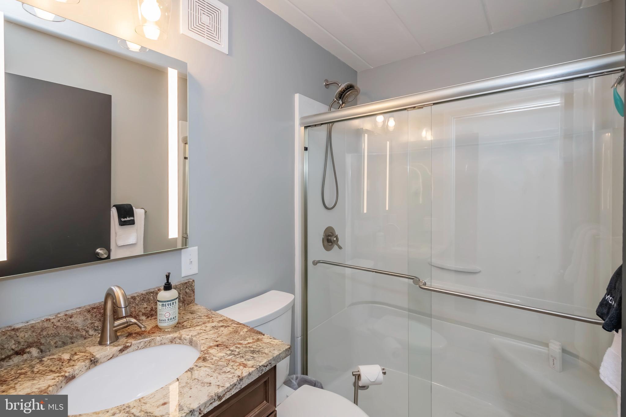 189 Red Run Road, Unit 1C2 Oakland, MD 21550 - Photo 17 of 50 a bathroom with a granite countertop sink mirror and a toilet