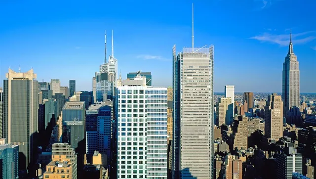 a view of a city with tall buildings