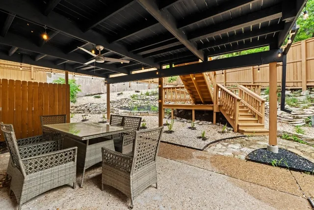 a building outdoor space with patio furniture