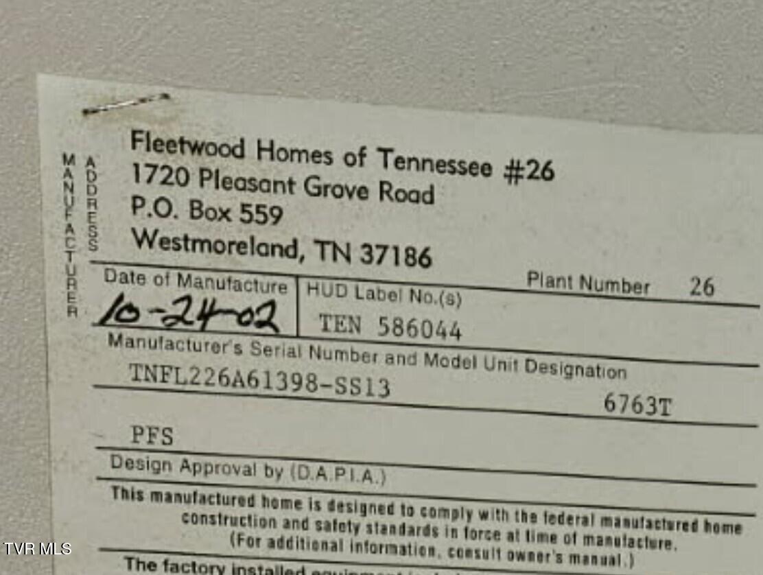 120 Bear Hollow Road Bristol, TN 37620 - Photo 5 of 43 Manufacturer's Serial Number & Model Uni